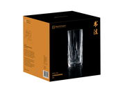 Verpackung des Longdrinkbechers Shu Fa 4-tlg. von Nachtmann, Vorderansicht mit Abbildung eines Glases und chinesischen Schriftzeichen.