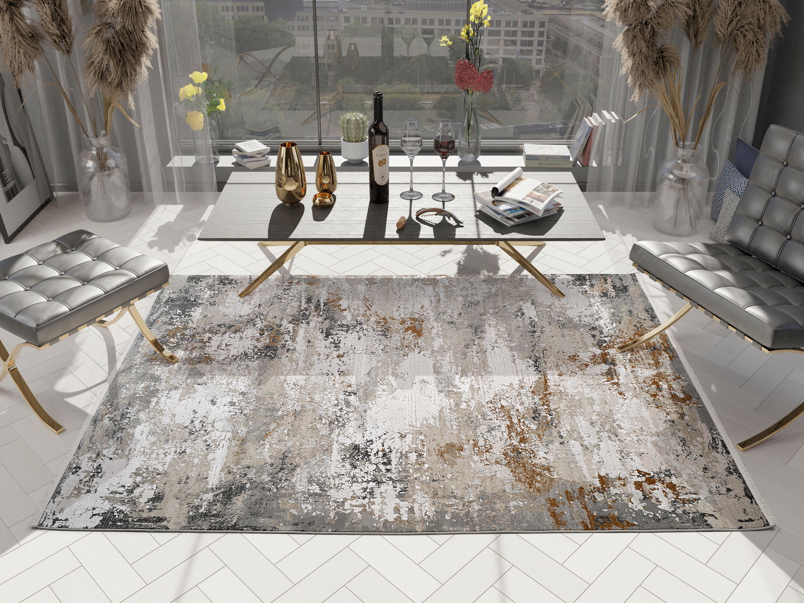 OCI Designer Teppich IMPRESSION Designer Teppich in modernem Wohnzimmer, Vogelperspektive