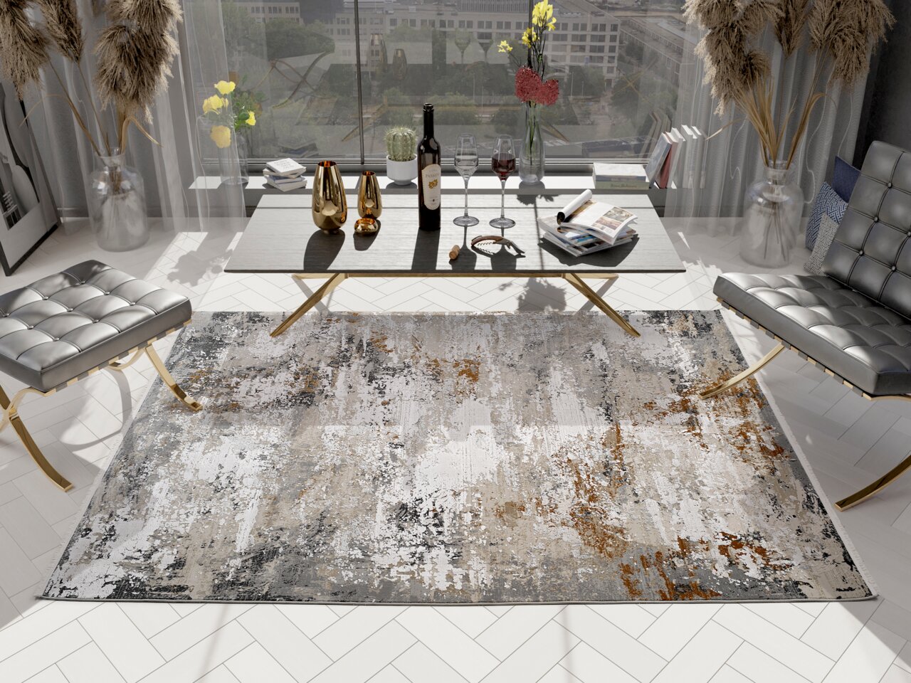 Designer Teppich in modernem Wohnzimmer, Vogelperspektive