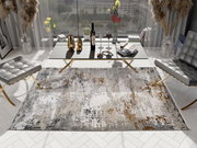 Designer Teppich in modernem Wohnzimmer, Vogelperspektive