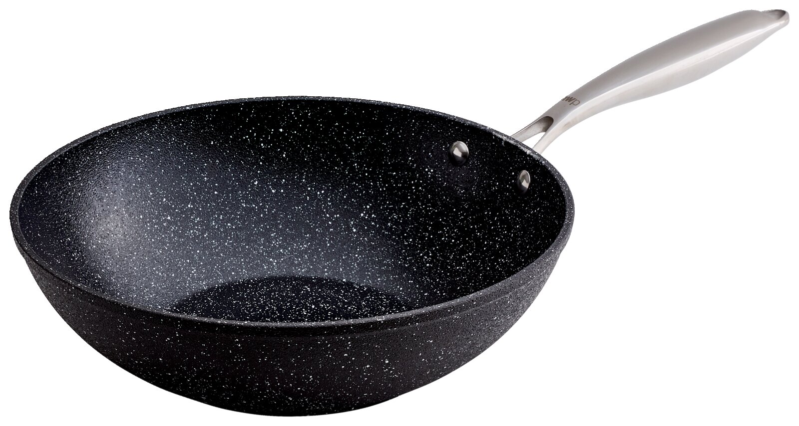 Homeware Wokpan Ø28 cm Zwarte wokpan met een diameter van 28 cm, gezien vanaf de zijkant, met een zilveren handvat.