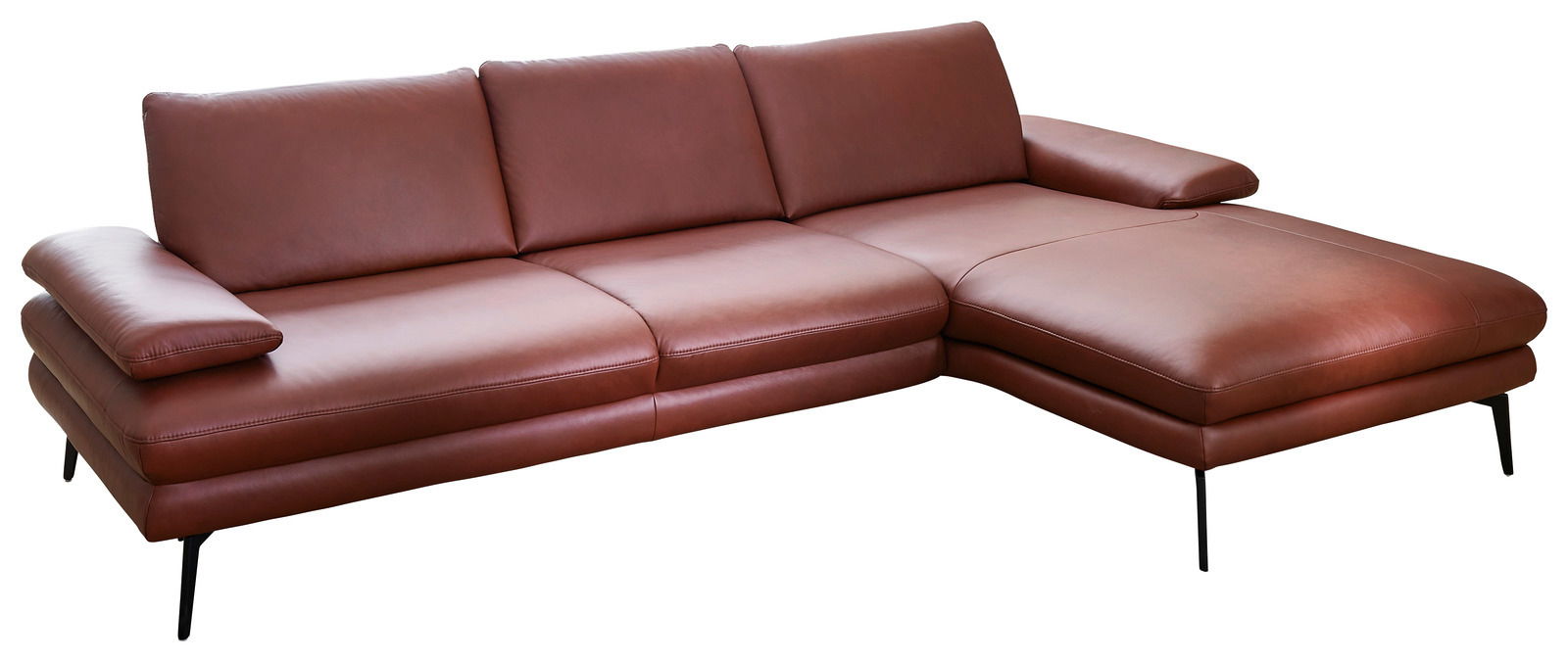 Braune Ledercouch in L-Form mit Longchair, seitliche Perspektive