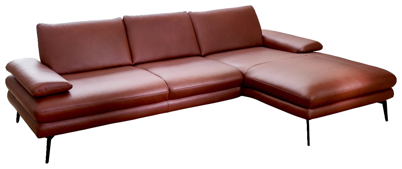 Braune Ledercouch in L-Form mit Longchair, seitliche Perspektive