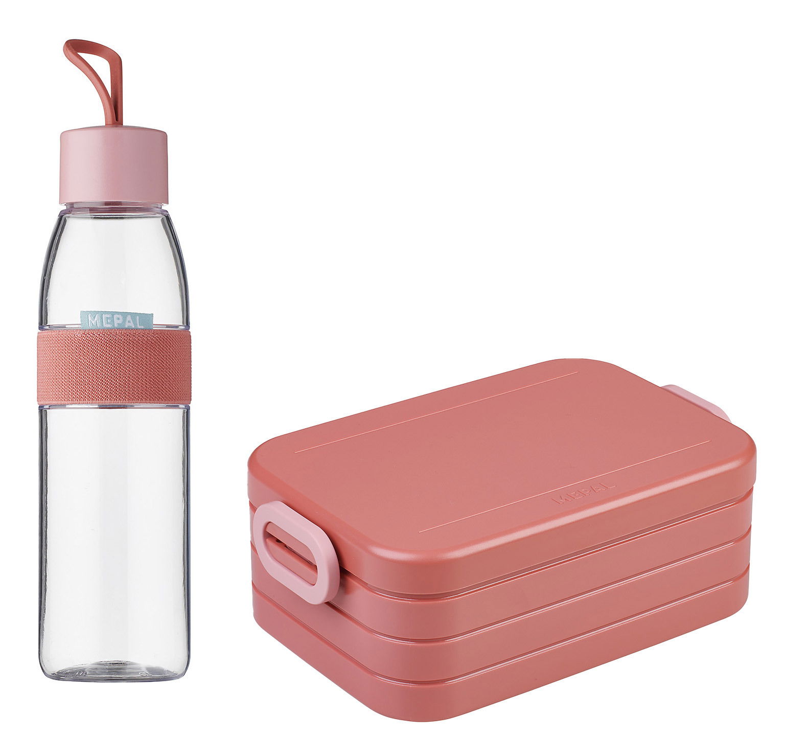Lunchset Vivid Mauve bestehend aus einer transparenten Trinkflasche mit rosa Deckel und Griff sowie einer stapelbaren rosa Brotdose, seitliche Perspektive.