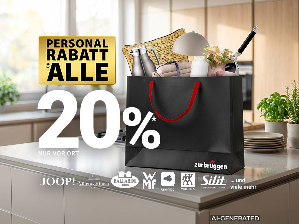 Schwarze Zurbrüggen-Einkaufstasche mit Wohnaccessoires in moderner Küche, Personal Rabatt für Alle. (KI-generiert)