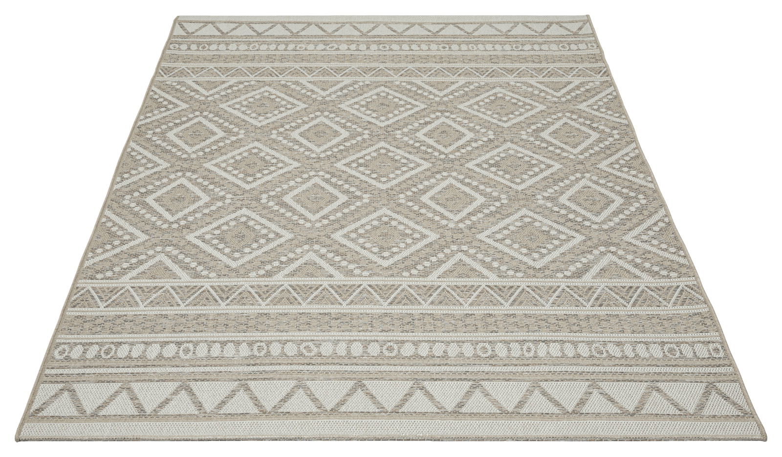 Teppich Ottowa mit geometrischem Muster in Beige und Weiß, perspektivisch von oben fotografiert