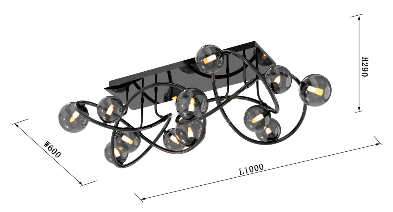 Moderne plafondlamp Nancy met een gebogen vormgeving en meerdere glazen bollen, zijaanzicht