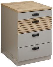 Rollcontainer mit vier Schubladen, Holz- und Metalloptik, seitliche Perspektive