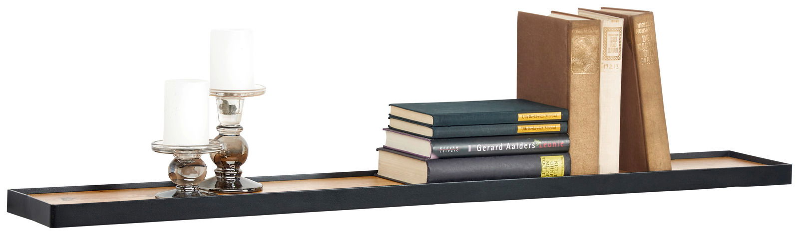 Wandboard 110cm mit Kerzenhaltern und Büchern, seitliche Perspektive