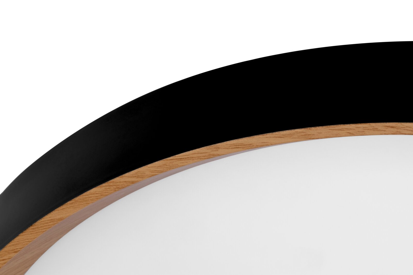 Detailfoto van een led-plafondlamp met zwarte rand en houtlook.
