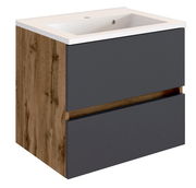 Moderner Waschplatz mit Holz- und Grautönen, seitliche Perspektive