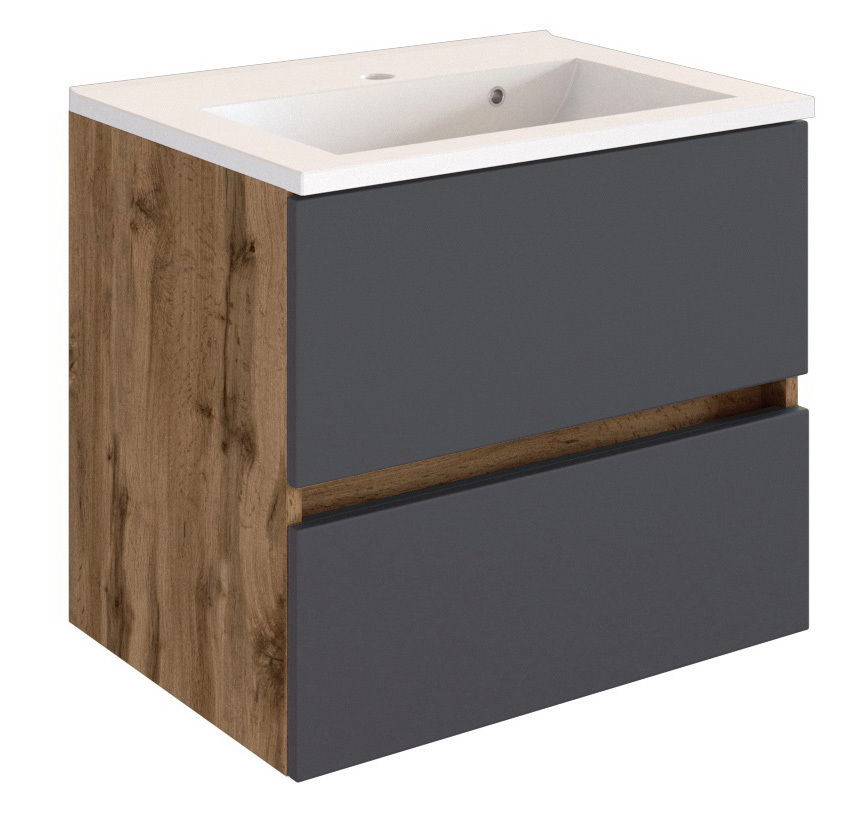 Moderner Waschplatz mit Holz- und Grautönen, seitliche Perspektive