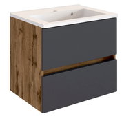 Moderner Waschplatz mit Holz- und Grautönen, seitliche Perspektive