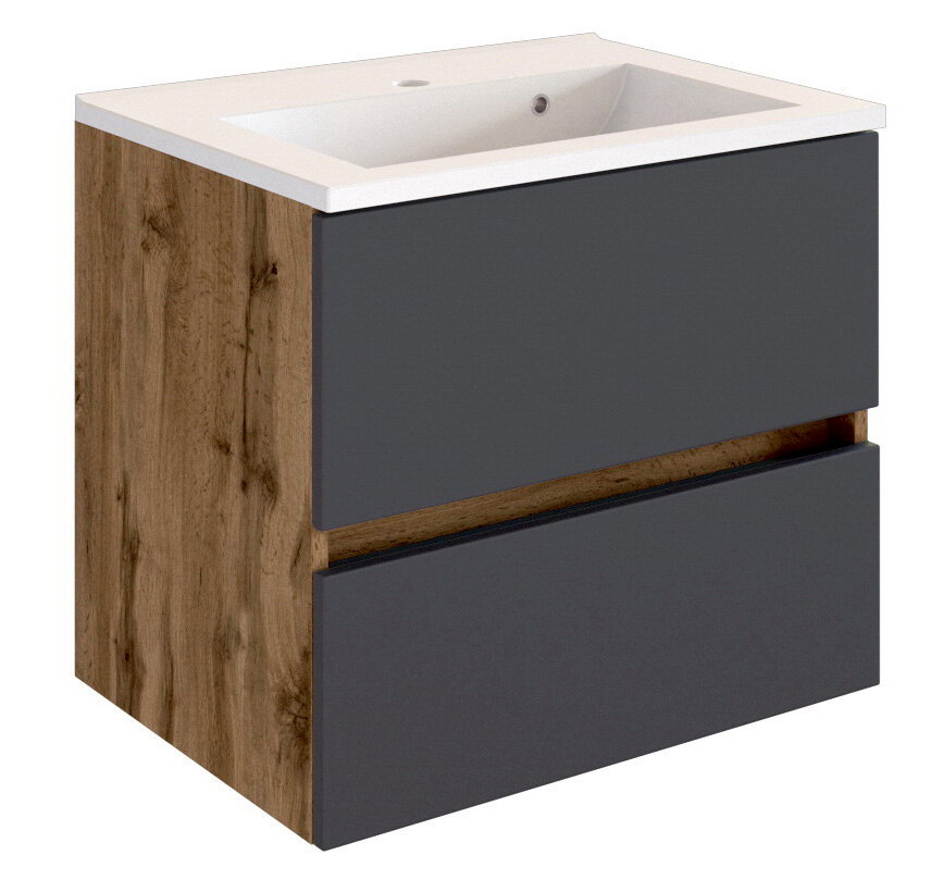 Moderner Waschplatz mit Holz- und Grautönen, seitliche Perspektive