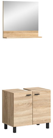 Badkombination BOSTON in Holzoptik, bestehend aus einem Spiegel mit Ablage und einem Unterschrank mit zwei Türen, frontal betrachtet.