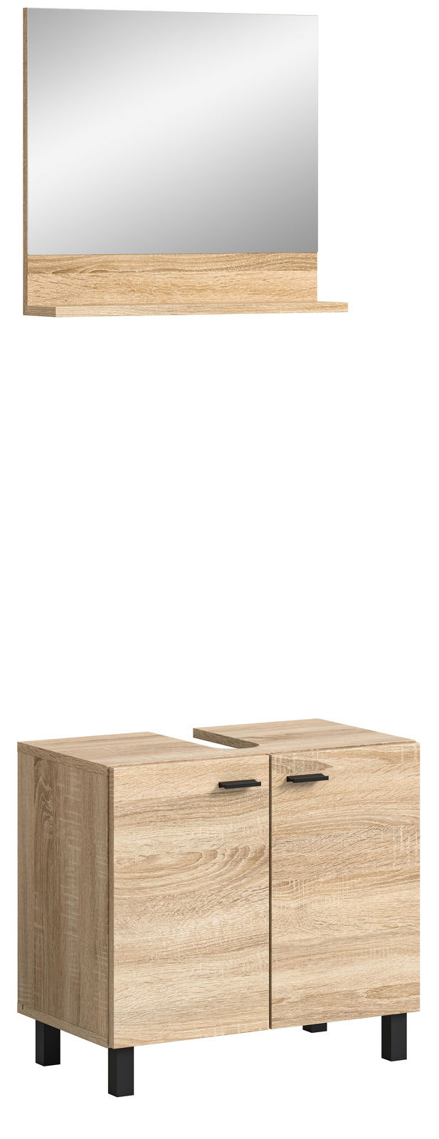 Badkombination BOSTON in Holzoptik, bestehend aus einem Spiegel mit Ablage und einem Unterschrank mit zwei Türen, frontal betrachtet.