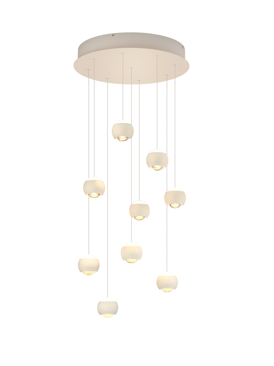 Moderne Pendelleuchte CANNON mit mehreren runden Leuchtkörpern, von unten betrachtet.