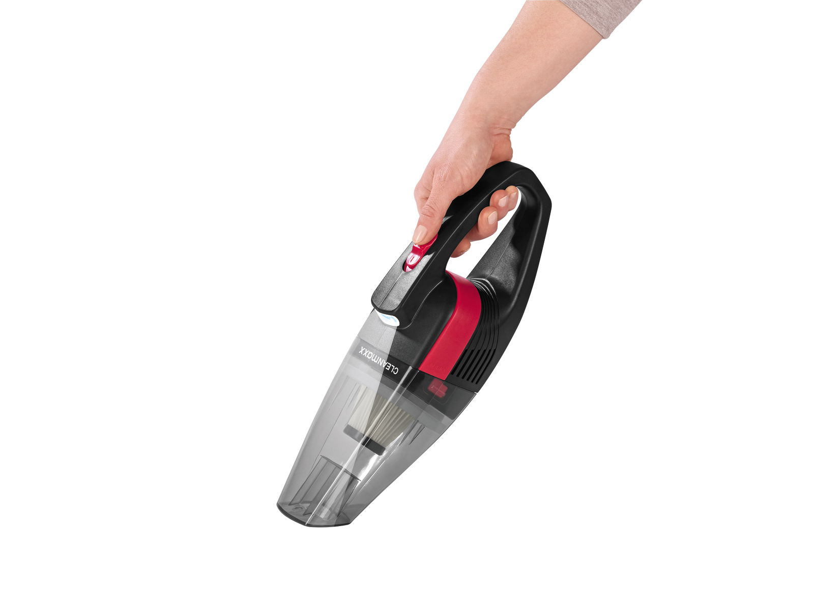 Akku Handstaubsauger in der Hand gehalten, seitliche Perspektive