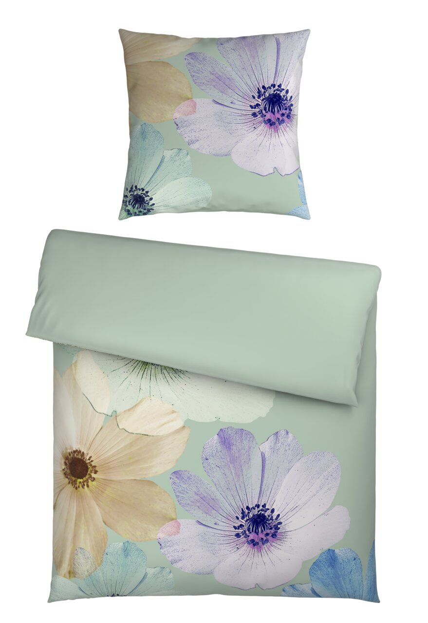 Wendebettwäsche mit großem Blumenmuster in Pastellfarben, Draufsicht