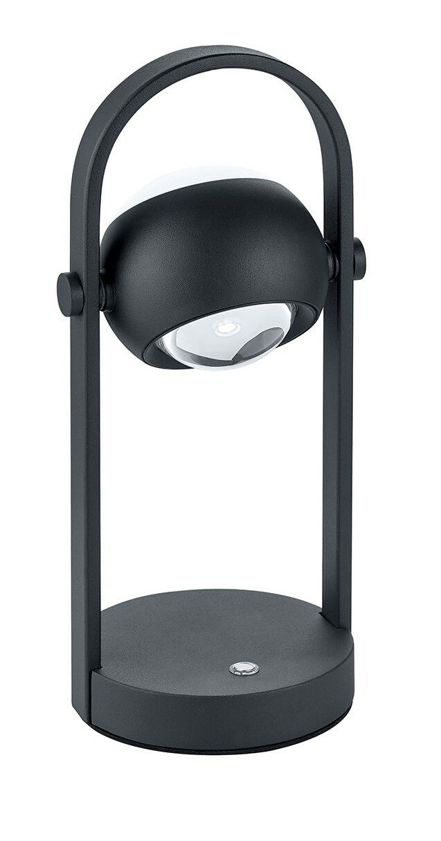 Moderne schwarze Akku-Tischleuchte mit rundem Sockel und gebogenem Griff, seitliche Perspektive