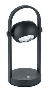 Moderne schwarze Akku-Tischleuchte mit rundem Sockel und gebogenem Griff, seitliche Perspektive