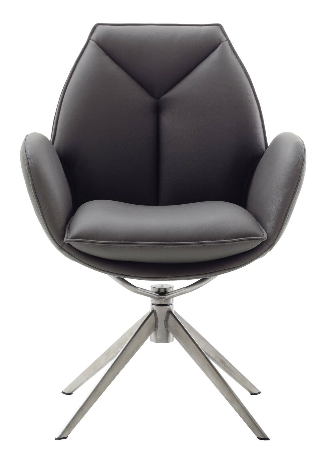 Moderner Armlehnstuhl in dunklem Leder mit Metallgestell, Frontalansicht
