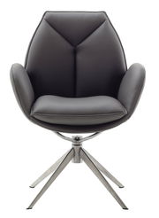 Moderner Armlehnstuhl in dunklem Leder mit Metallgestell, Frontalansicht