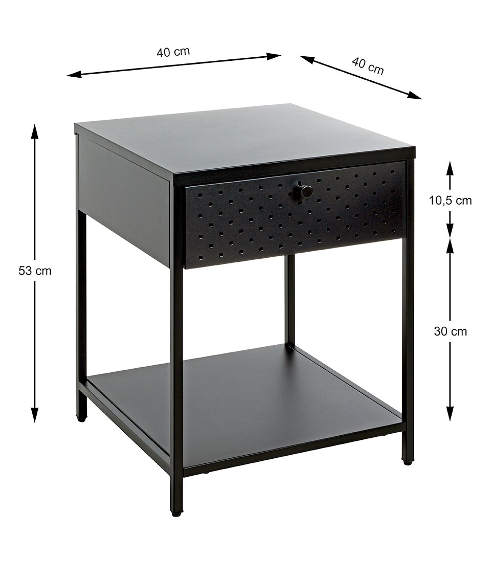Schwarzer Metall-Nachttisch/Beistelltisch mit perforierter Schubladenfront und Ablageboden, Maße ca. 40 x 40 x 53 cm, in schräger Frontansicht (leicht von oben) dargestellt.