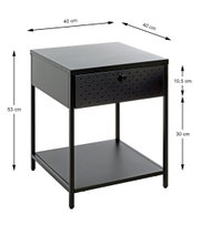 Schwarzer Metall-Nachttisch/Beistelltisch mit perforierter Schubladenfront und Ablageboden, Maße ca. 40 x 40 x 53 cm, in schräger Frontansicht (leicht von oben) dargestellt.