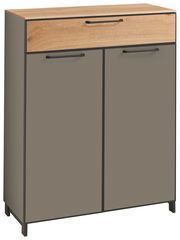 Moderner Schuhschrank mit Holzoptik und grauen Türen, Frontalansicht