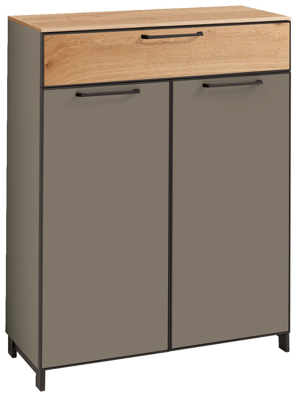 Moderner Schuhschrank mit Holzoptik und grauen Türen, Frontalansicht