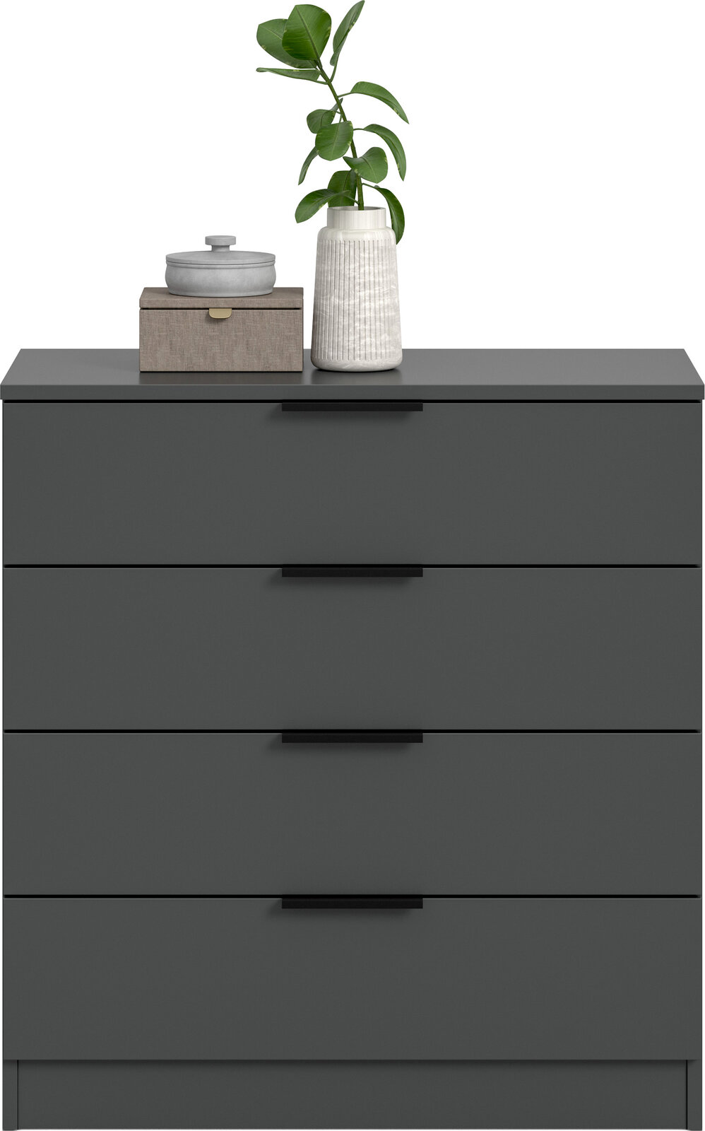 Moderne dunkelgraue Kommode mit vier Schubladen und Griffmulden, frontal aus der Vorderansicht fotografiert; oben dekoriert mit Box, Dose und Vase mit grüner Pflanze