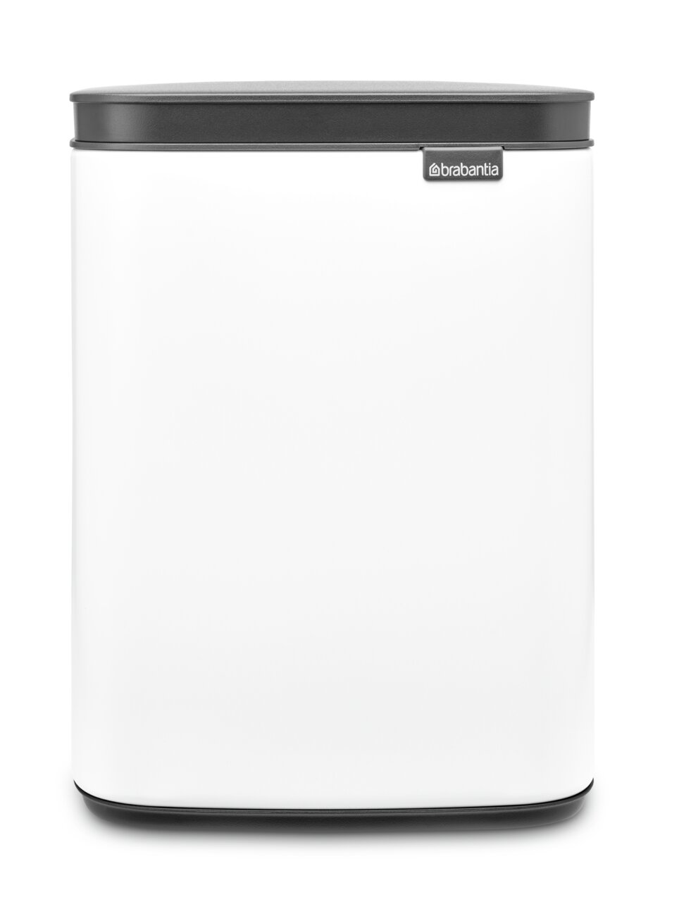 Frontansicht eines weißen Abfallbehälters Bo 4L mit schwarzem Deckel und Brabantia-Logo.