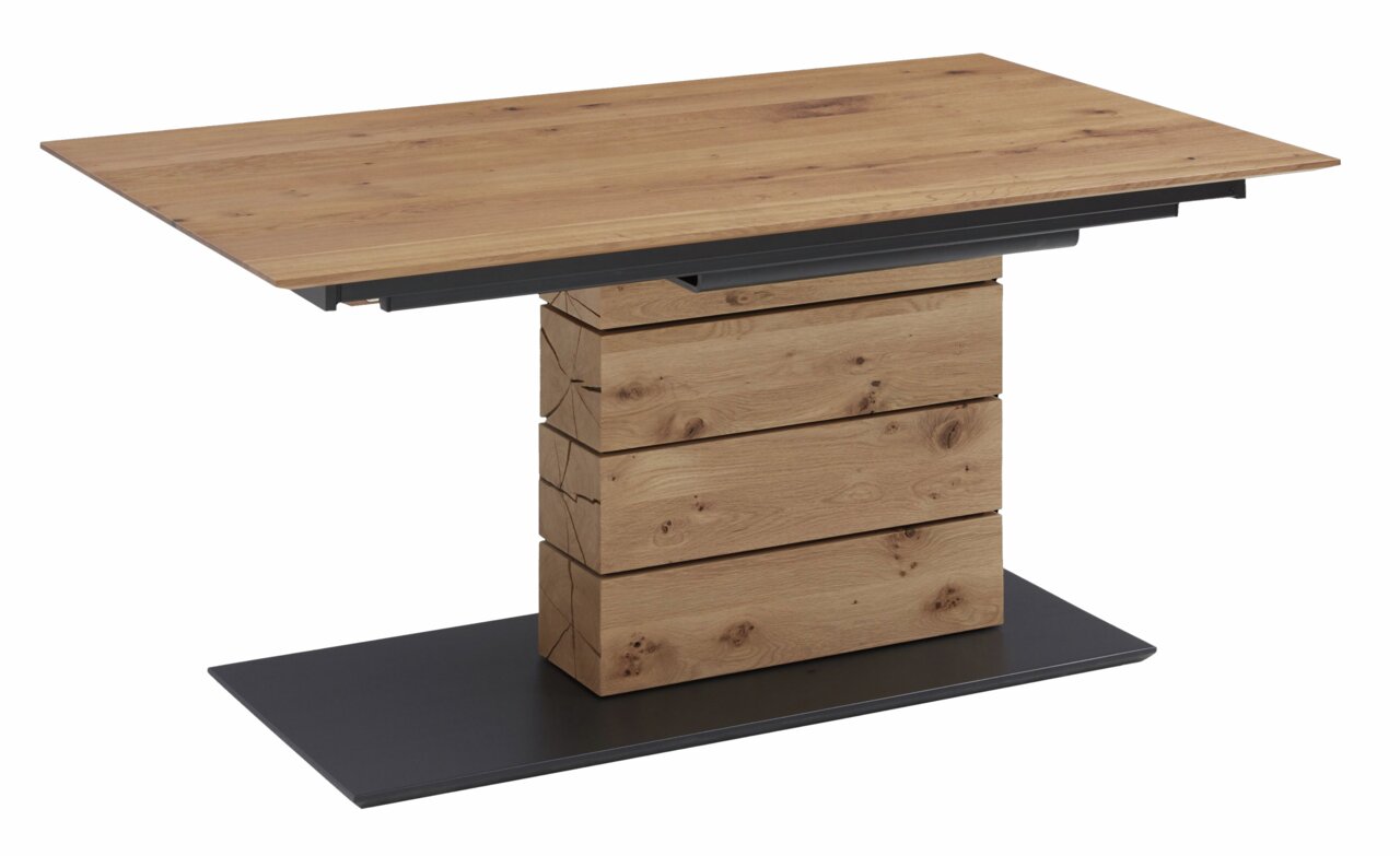 Moderner Esstisch aus Holz mit rechteckiger Tischplatte und zentralem, blockartigem Fuß, seitliche Perspektive