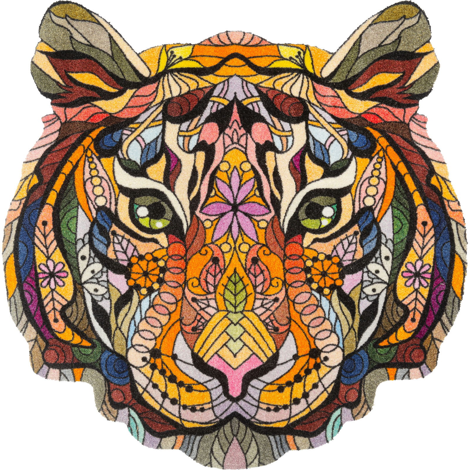 Bunte, kunstvoll gestaltete Tigerkopf-Illustration aus der Vogelperspektive