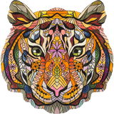 Bunte, kunstvoll gestaltete Tigerkopf-Illustration aus der Vogelperspektive