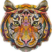 Bunte, kunstvoll gestaltete Tigerkopf-Illustration aus der Vogelperspektive