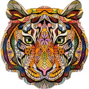 Bunte, kunstvoll gestaltete Tigerkopf-Illustration aus der Vogelperspektive
