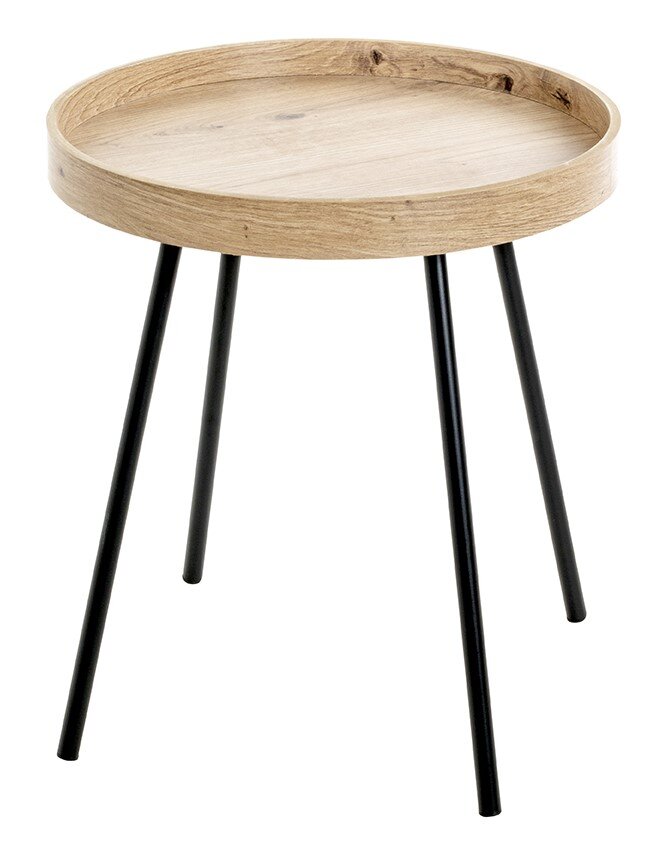 Zurbrüggen Beistelltisch Runder Beistelltisch mit Tablettplatte aus hellem Holz und drei schwarzen Metallbeinen, leicht von oben in schräger Frontansicht freigestellt
