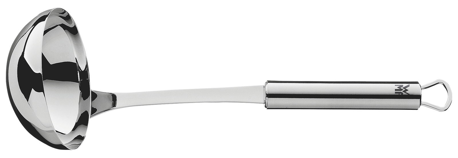 Edelstahl-Schöpflöffel in Seitenansicht mit glänzendem Finish und ergonomischem Griff.