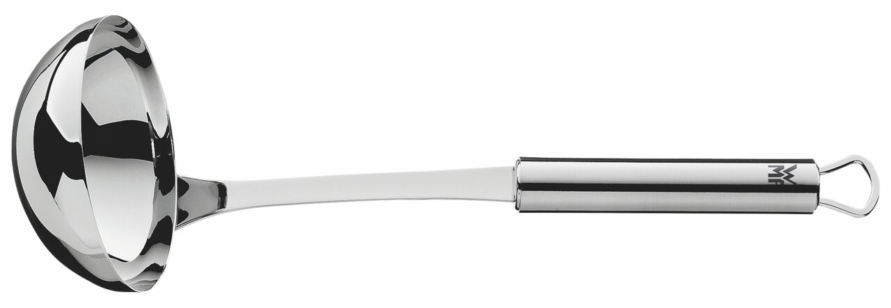 Edelstahl-Schöpflöffel in Seitenansicht mit glänzendem Finish und ergonomischem Griff.