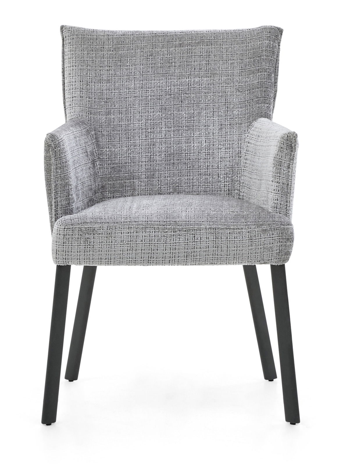 Grauer Armlehnstuhl mit Stoffbezug und schwarzen Beinen, Frontalansicht