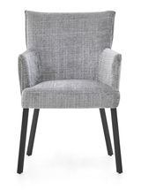 Grauer Armlehnstuhl mit Stoffbezug und schwarzen Beinen, Frontalansicht