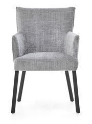 Grauer Armlehnstuhl mit Stoffbezug und schwarzen Beinen, Frontalansicht