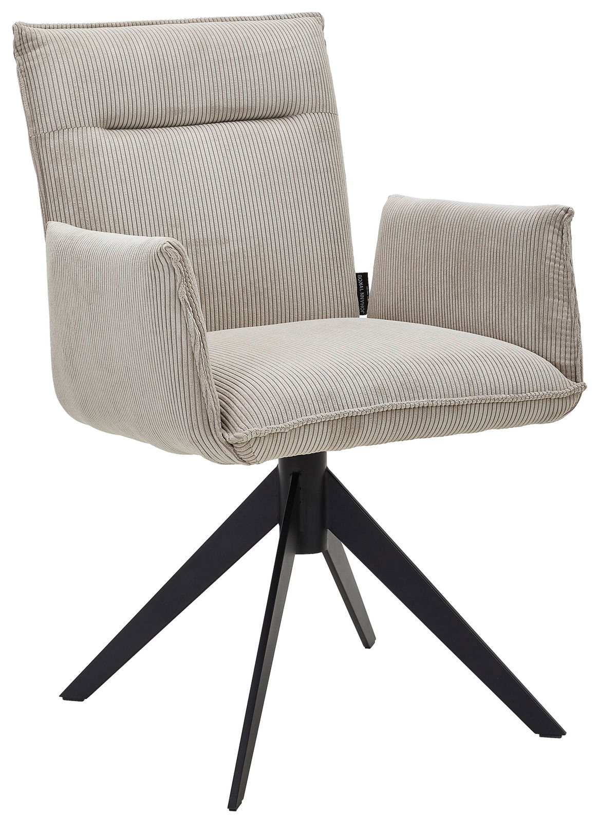 Johann Jakob Armlehnstuhl CALAS Moderner Armlehnstuhl mit hellgrauem, geripptem Stoffbezug und schwarzem Metallgestell, seitliche Perspektive