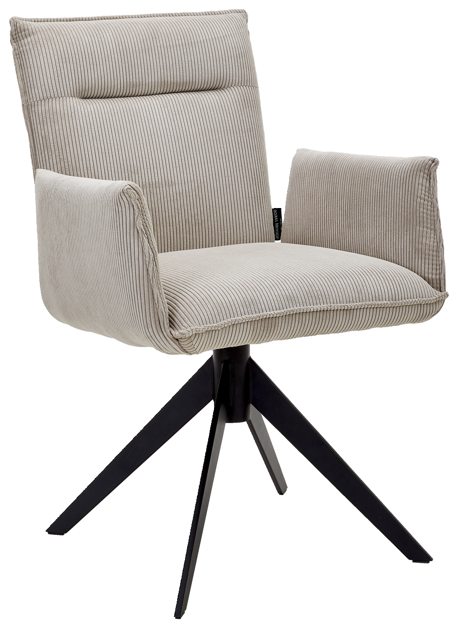 Johann Jakob Armlehnstuhl CALAS Moderner Armlehnstuhl mit hellgrauem, geripptem Stoffbezug und schwarzem Metallgestell, seitliche Perspektive