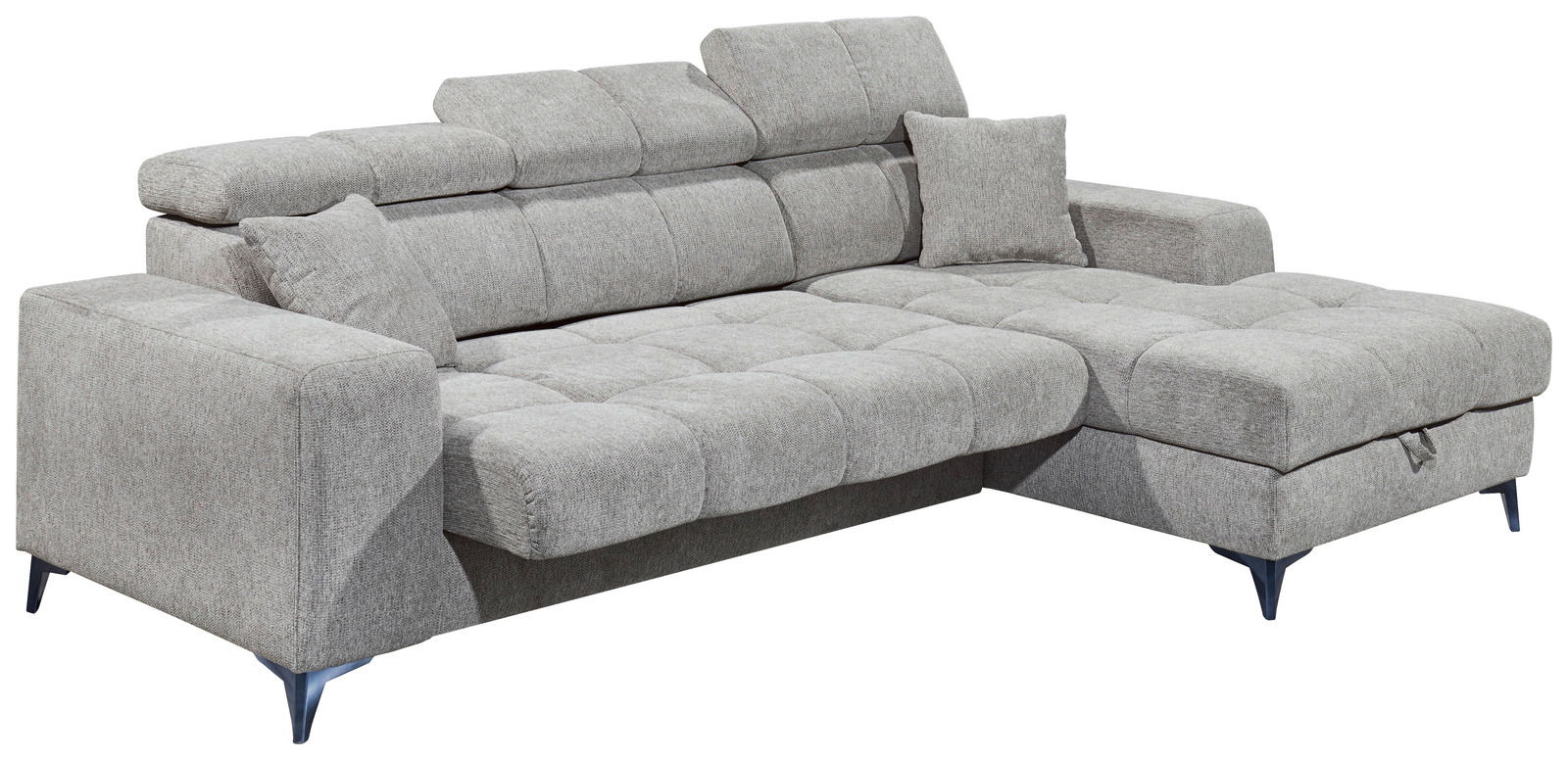 Graues Ecksofa mit verstellbaren Kopfstützen und zwei Kissen, Perspektive von vorne links
