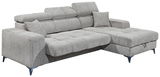 Graues Ecksofa mit verstellbaren Kopfstützen und zwei Kissen, Perspektive von vorne links