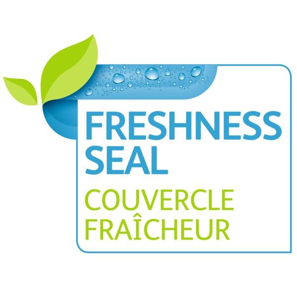 Logo met de tekst 'Freshness Seal' en 'Couvercle Fraîcheur', met een groen blad en blauwe waterdruppels, gezien van voren.
