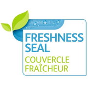 Logo met de tekst 'Freshness Seal' en 'Couvercle Fraîcheur', met een groen blad en blauwe waterdruppels, gezien van voren.